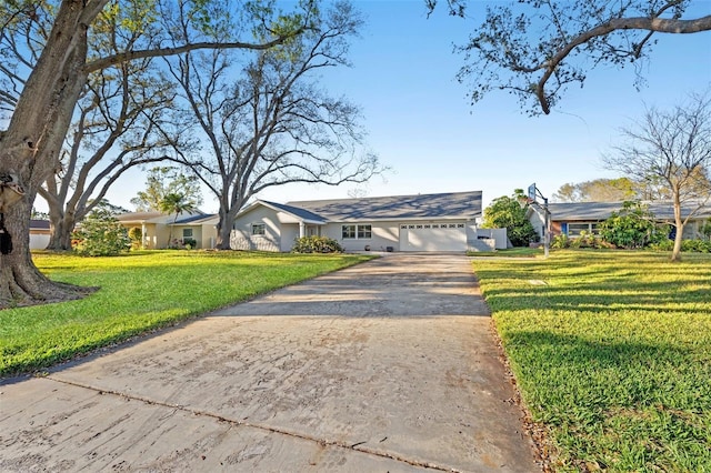 ranch-style house with concrete driveway, an attached garage, and a front lawn