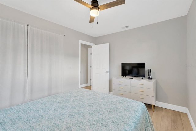 bedroom with a ceiling fan, light wood-type flooring, visible vents, and baseboards