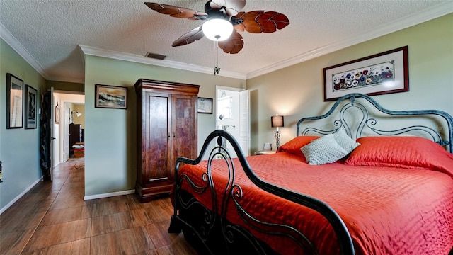 1320 Bottlebrush Dr, Bradenton, FL 34208 - bedroom with a textured ceiling, ornamental molding, baseboards, and a ceiling fan