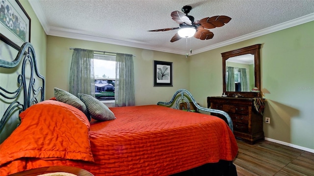 1320 Bottlebrush Dr, Bradenton, FL 34208 - bedroom featuring crown molding, a textured ceiling, ceiling fan, baseboards, and wood finished floors