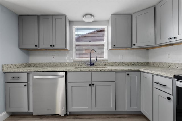 kitchen with a sink, tasteful backsplash, dishwasher, and gray cabinetry