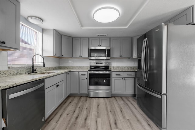 kitchen with a tray ceiling, gray cabinets, visible vents, appliances with stainless steel finishes, and a sink