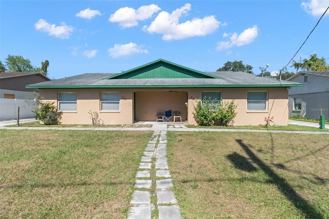 single story home featuring stucco siding and a front yard