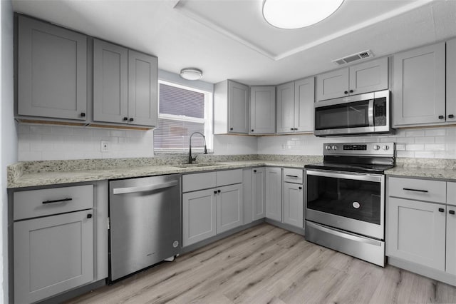 kitchen with gray cabinets, visible vents, light wood-style flooring, appliances with stainless steel finishes, and a sink