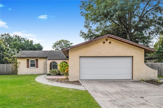 ranch-style house with stucco siding, driveway, a front lawn, and fence