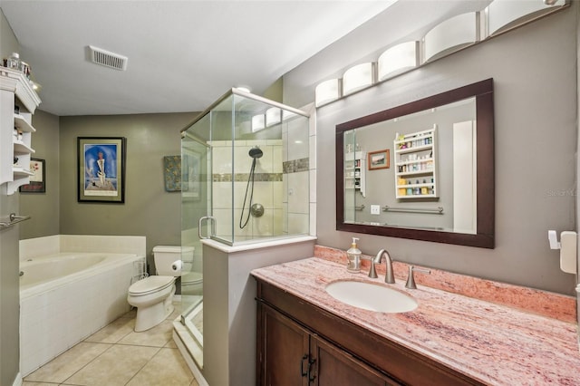 full bathroom with tile patterned flooring, toilet, visible vents, vanity, and a shower stall