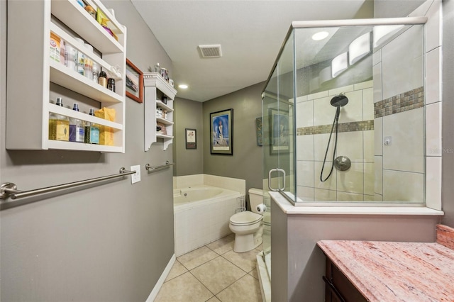 full bath with toilet, a stall shower, visible vents, and tile patterned floors