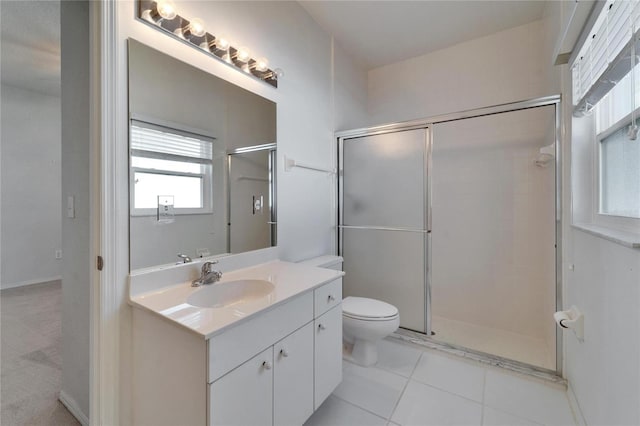 full bathroom with a stall shower, vanity, toilet, and tile patterned floors