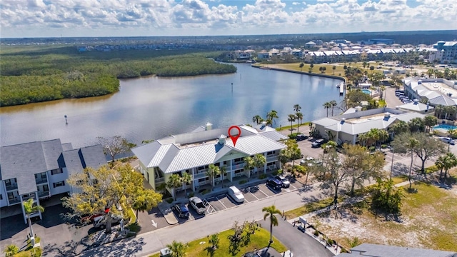 aerial view featuring a water view