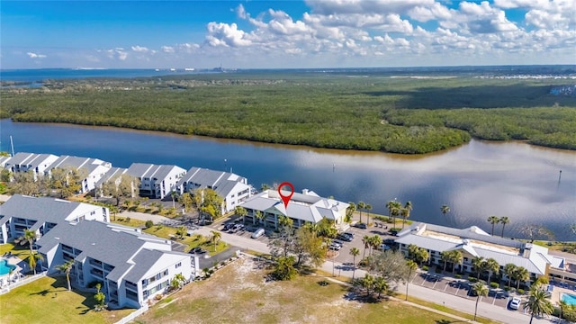 aerial view with a water view and a residential view