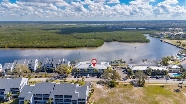 aerial view with a residential view and a water view