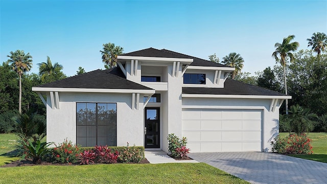 view of front of house with a front lawn, decorative driveway, and stucco siding