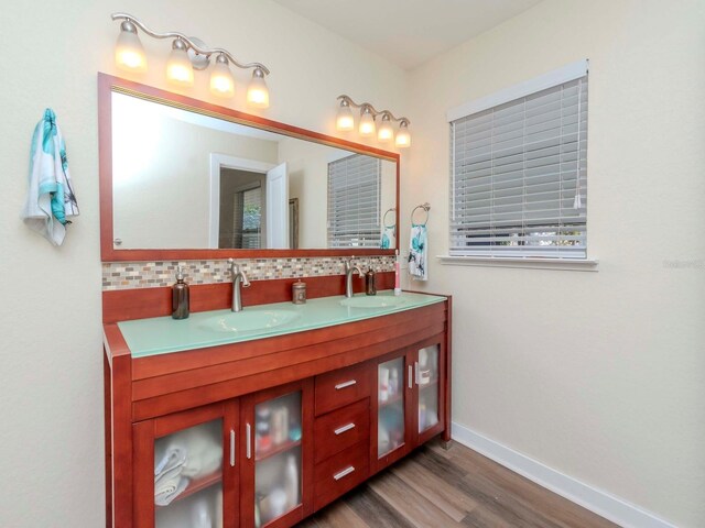 bathroom with wood finished floors, tasteful backsplash, a sink, and baseboards