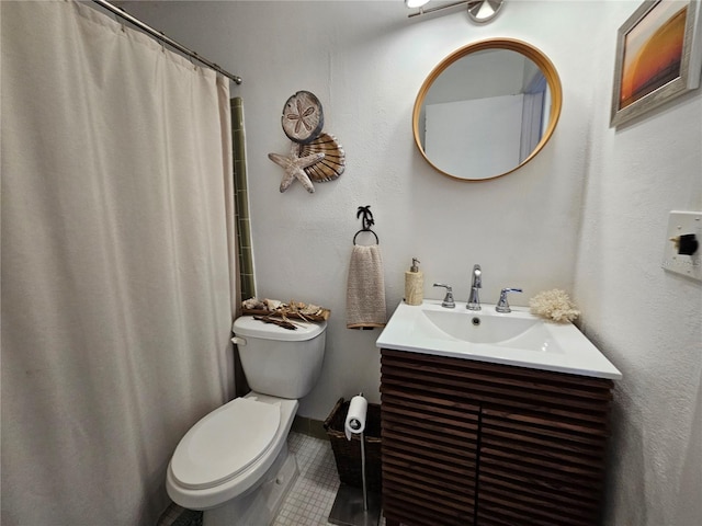 full bath featuring curtained shower, vanity, toilet, and tile patterned floors