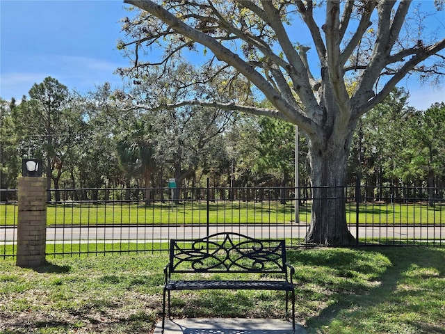 view of gate with fence and a lawn