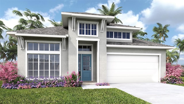 prairie-style home featuring a garage, driveway, a front yard, and stucco siding