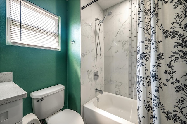 full bath featuring toilet, shower / bath combination with curtain, and a textured wall