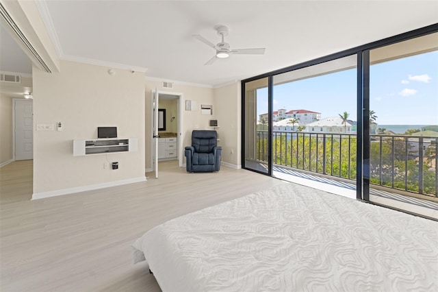 bedroom with access to exterior, ornamental molding, light wood-type flooring, multiple windows, and baseboards