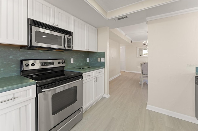 kitchen with visible vents, white cabinets, appliances with stainless steel finishes, decorative backsplash, and crown molding