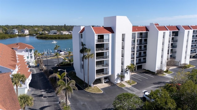 view of building exterior featuring a water view