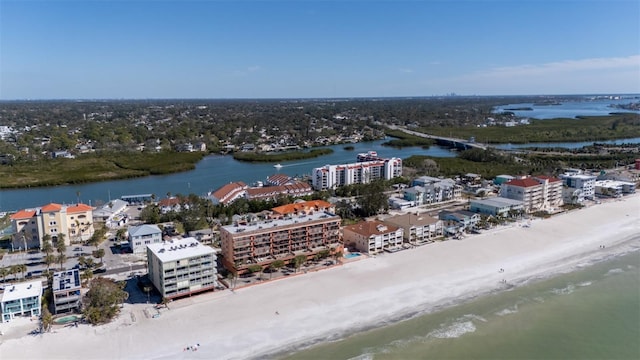 drone / aerial view featuring a water view and a city view