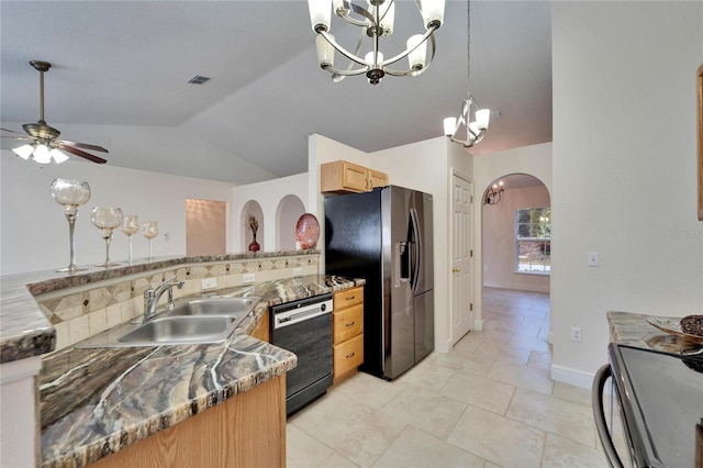 kitchen with black dishwasher, electric range, visible vents, stainless steel refrigerator with ice dispenser, and a sink