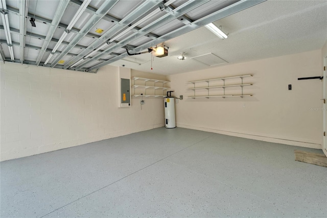 garage featuring a garage door opener, concrete block wall, electric panel, and electric water heater