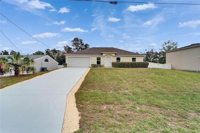 ranch-style house with stucco siding, concrete driveway, a front yard, fence, and a garage