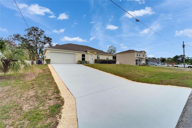 ranch-style house featuring a garage, driveway, a front lawn, and stucco siding