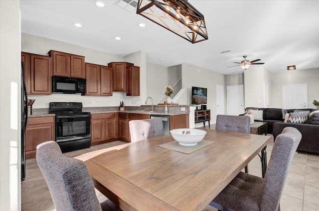 dining space featuring recessed lighting, visible vents, a ceiling fan, and light tile patterned flooring