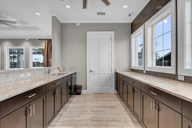 bathroom featuring recessed lighting, wood finished floors, a ceiling fan, and vanity
