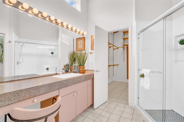 bathroom with a shower stall, vanity, and tile patterned floors