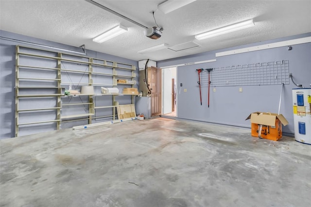 garage with a garage door opener and water heater