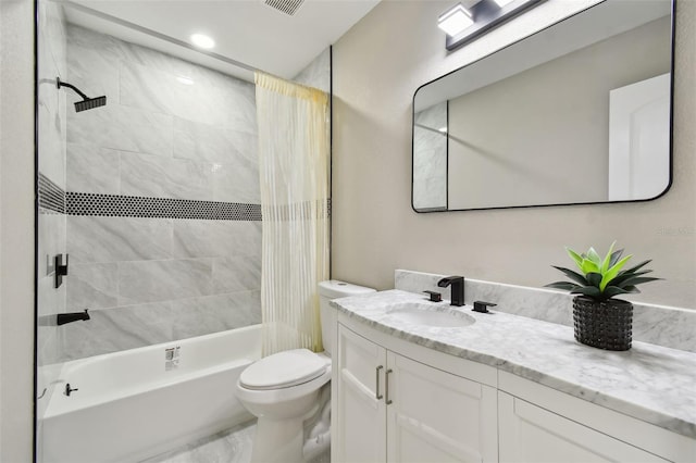 bathroom with visible vents, vanity, toilet, and shower / bathtub combination with curtain