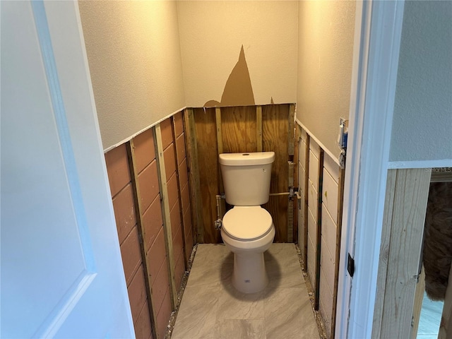 bathroom featuring wainscoting, wooden walls, and toilet