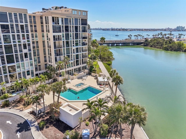 drone / aerial view with a water view