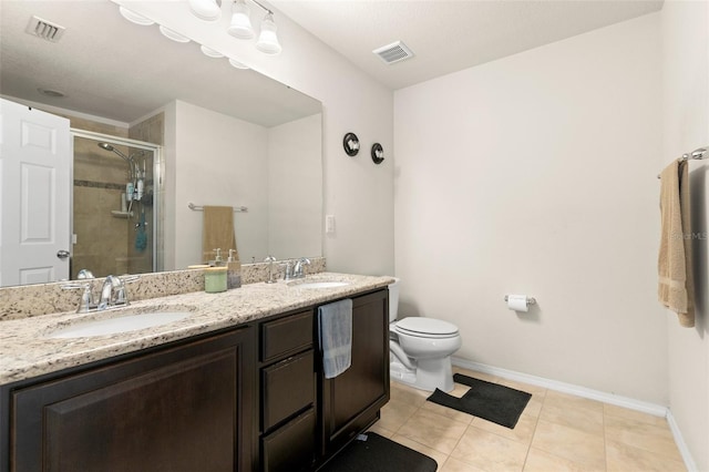 bathroom featuring double vanity, a stall shower, visible vents, and a sink