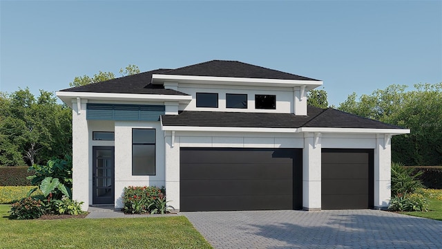 view of front of property featuring a garage, a front yard, decorative driveway, and stucco siding