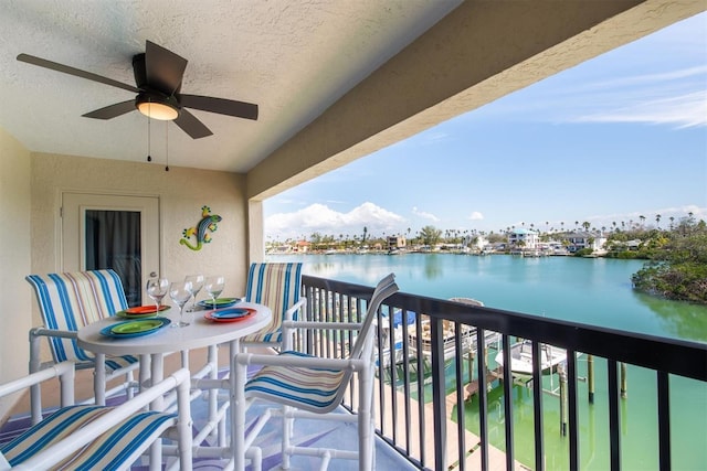 balcony featuring ceiling fan and a water view