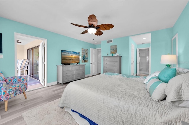 bedroom with baseboards, visible vents, ceiling fan, wood finished floors, and access to outside