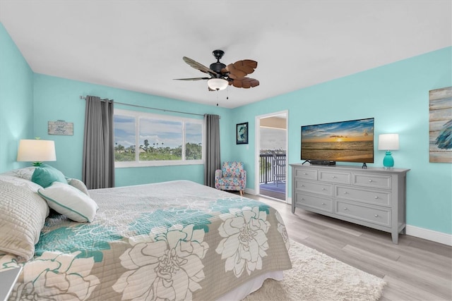 bedroom with ceiling fan, access to outside, light wood-type flooring, and baseboards