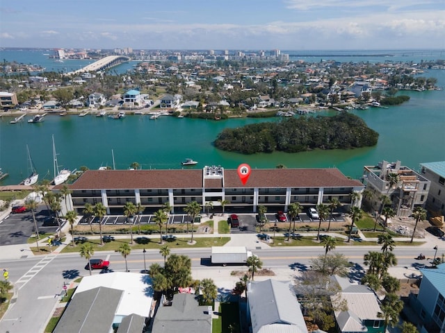 bird's eye view with a water view