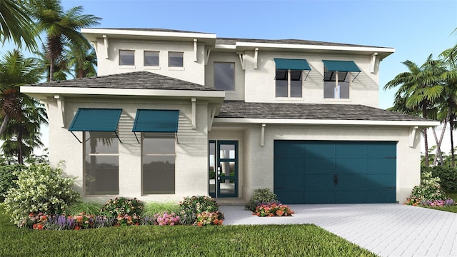 view of front of property with a garage, decorative driveway, and stucco siding