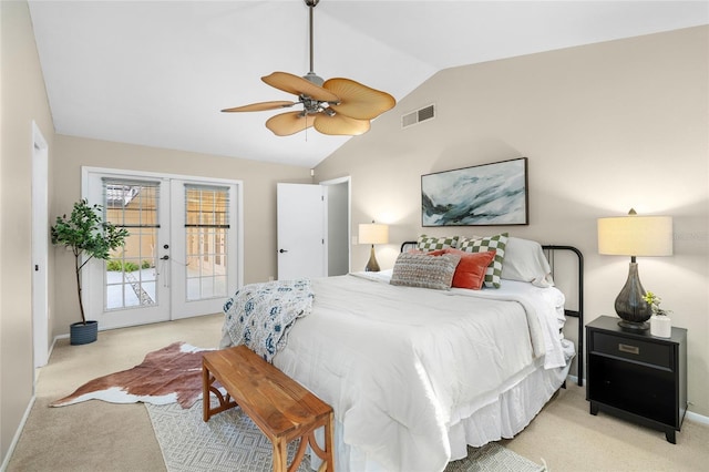 bedroom with access to exterior, french doors, visible vents, and carpet flooring