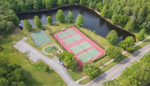 drone / aerial view with a water view