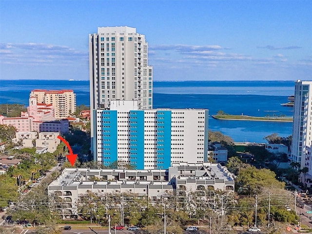 aerial view featuring a water view and a city view