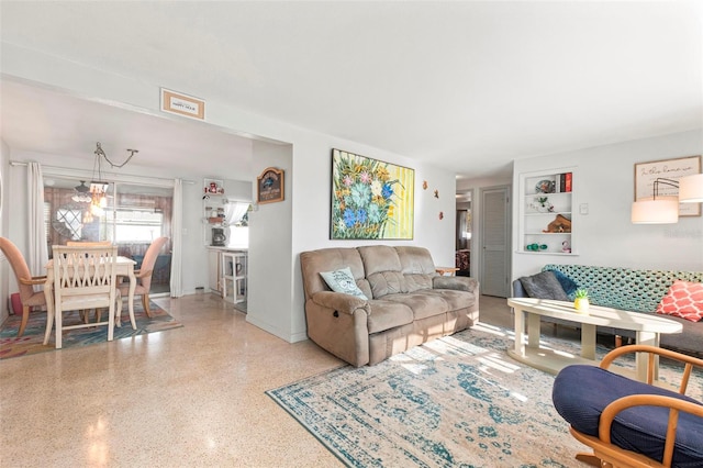 living room with speckled floor