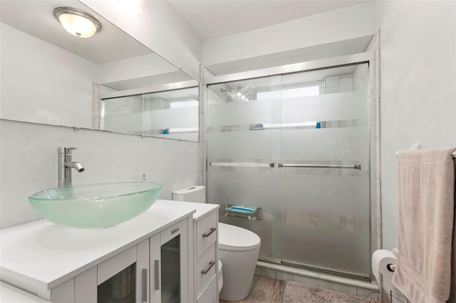 bathroom featuring toilet, a shower stall, and vanity