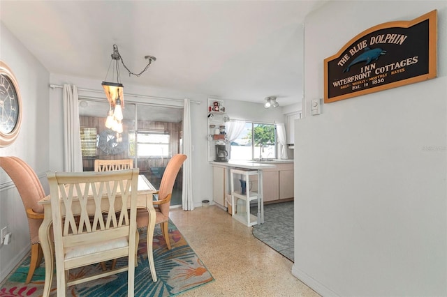 dining area featuring speckled floor