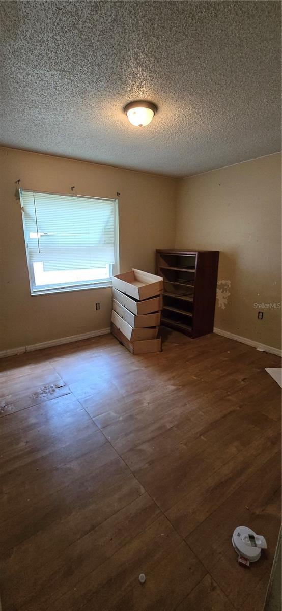 interior space featuring a textured ceiling, baseboards, and wood finished floors